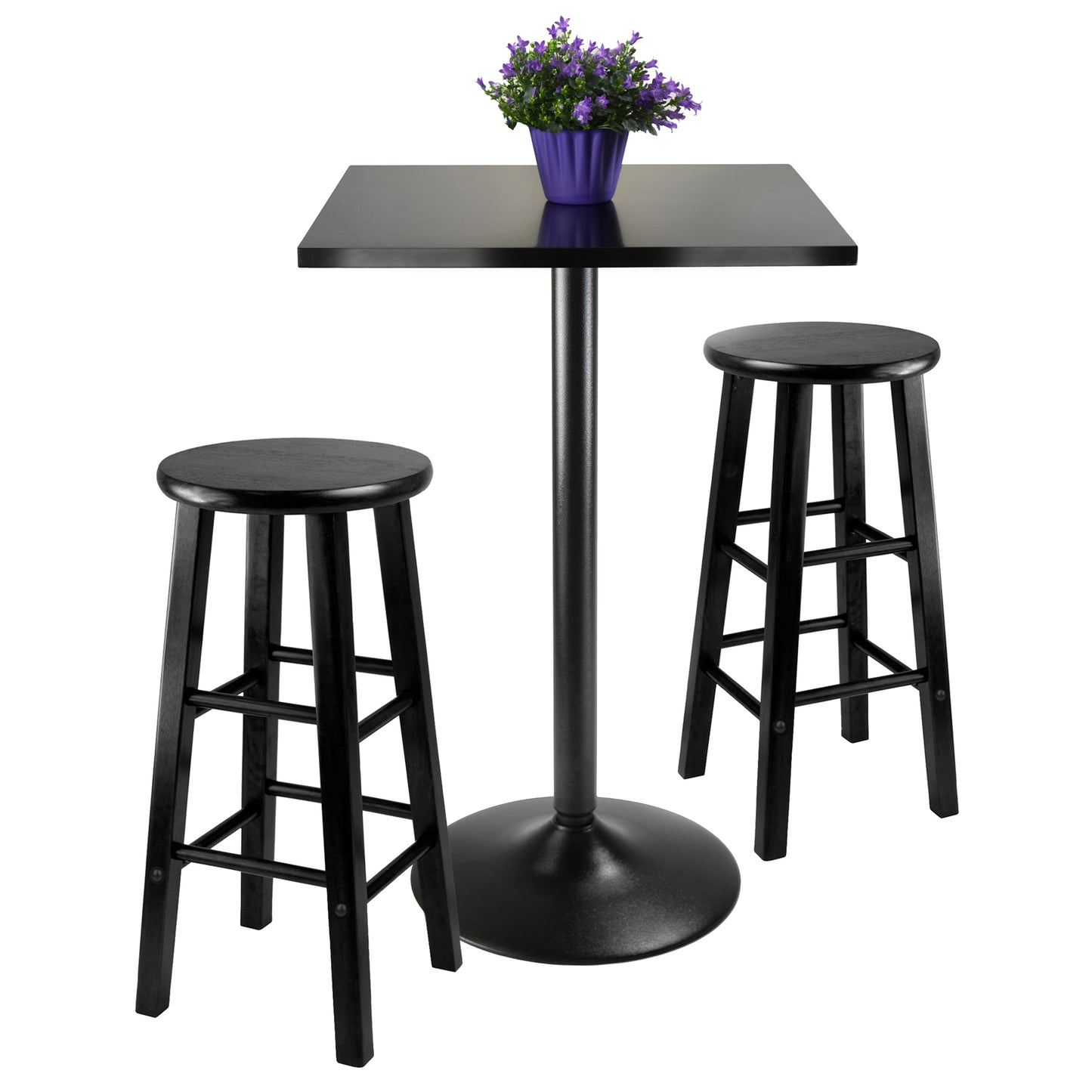 Obsidian 3-Pc Square Pub Table and Round Seat Counter Stools, Black