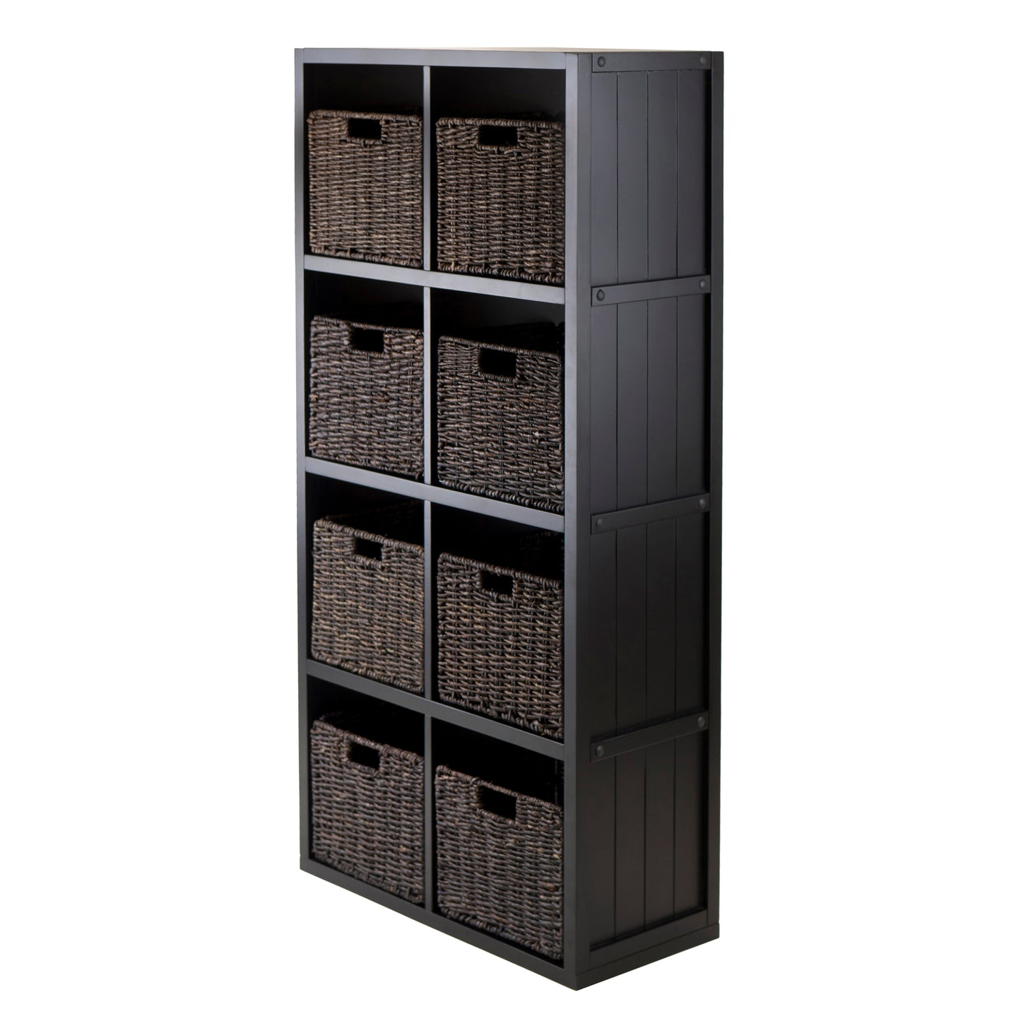 Timothy 9-Pc 4x2 Storage Shelf with 8 Foldable Corn Husk Baskets, Black and Chocolate