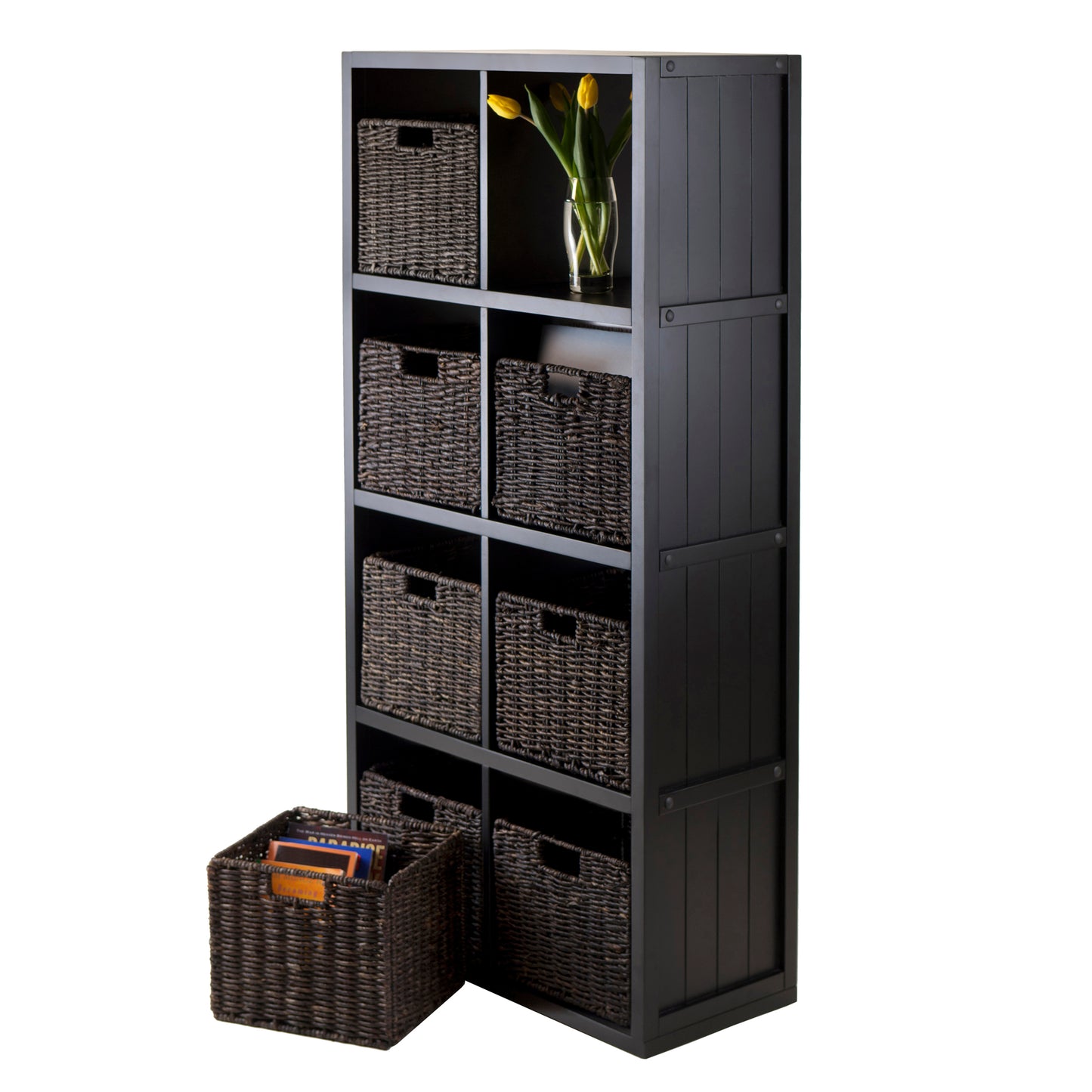 Timothy 9-Pc 4x2 Storage Shelf with 8 Foldable Corn Husk Baskets, Black and Chocolate