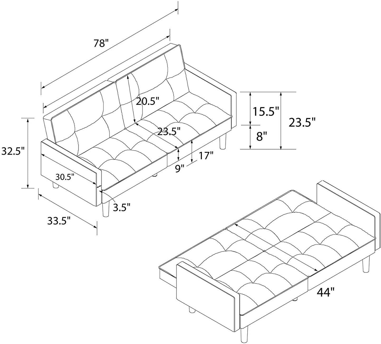 Hayden Convertible Sofa Sleeper Futon with Arms - Grey Microfiber
