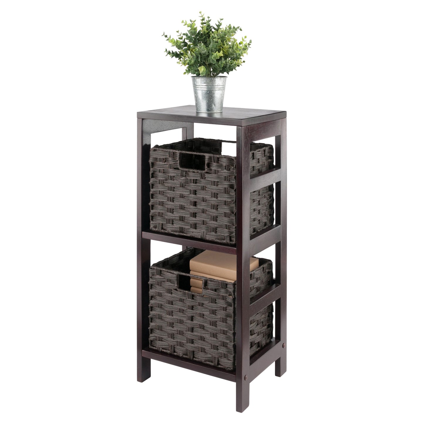 Leo 3-Pc Storage Shelf with 2 Foldable Woven Baskets, Espresso and Chocolate